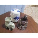 Buddha, elephant jar, oriental fish jar.
