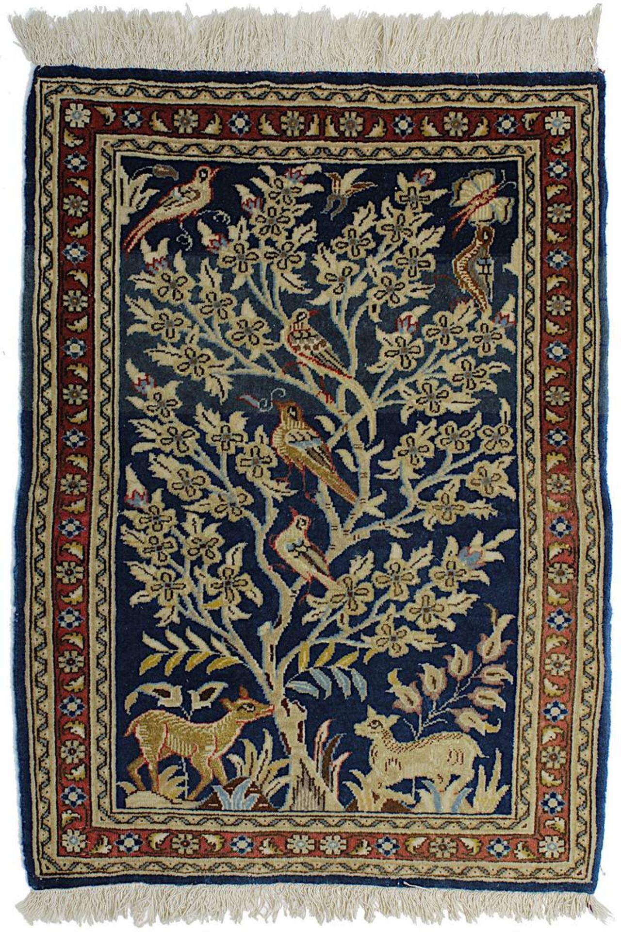 Kleiner Ghom, Persien 2. Hälfte 20. Jh., nachtblauer Fond mit blühendem Baum, Vogel- und