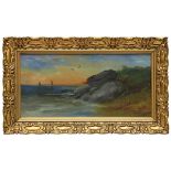 Landschaftsmaler, um 1900, Küstenabschnitt mit Seegelbooten in der Abenddämmerung, Öl auf