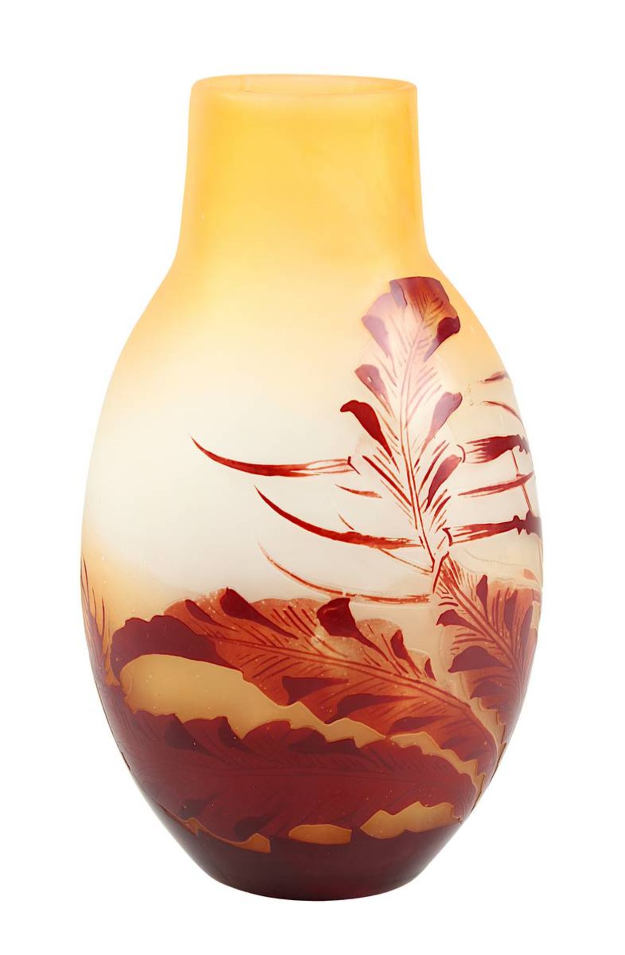 Gallé Jugendstil-Vase mit Seetang-Dekor, Nancy um 1920, Klarglaskorpus, innen mit orangefarbenem