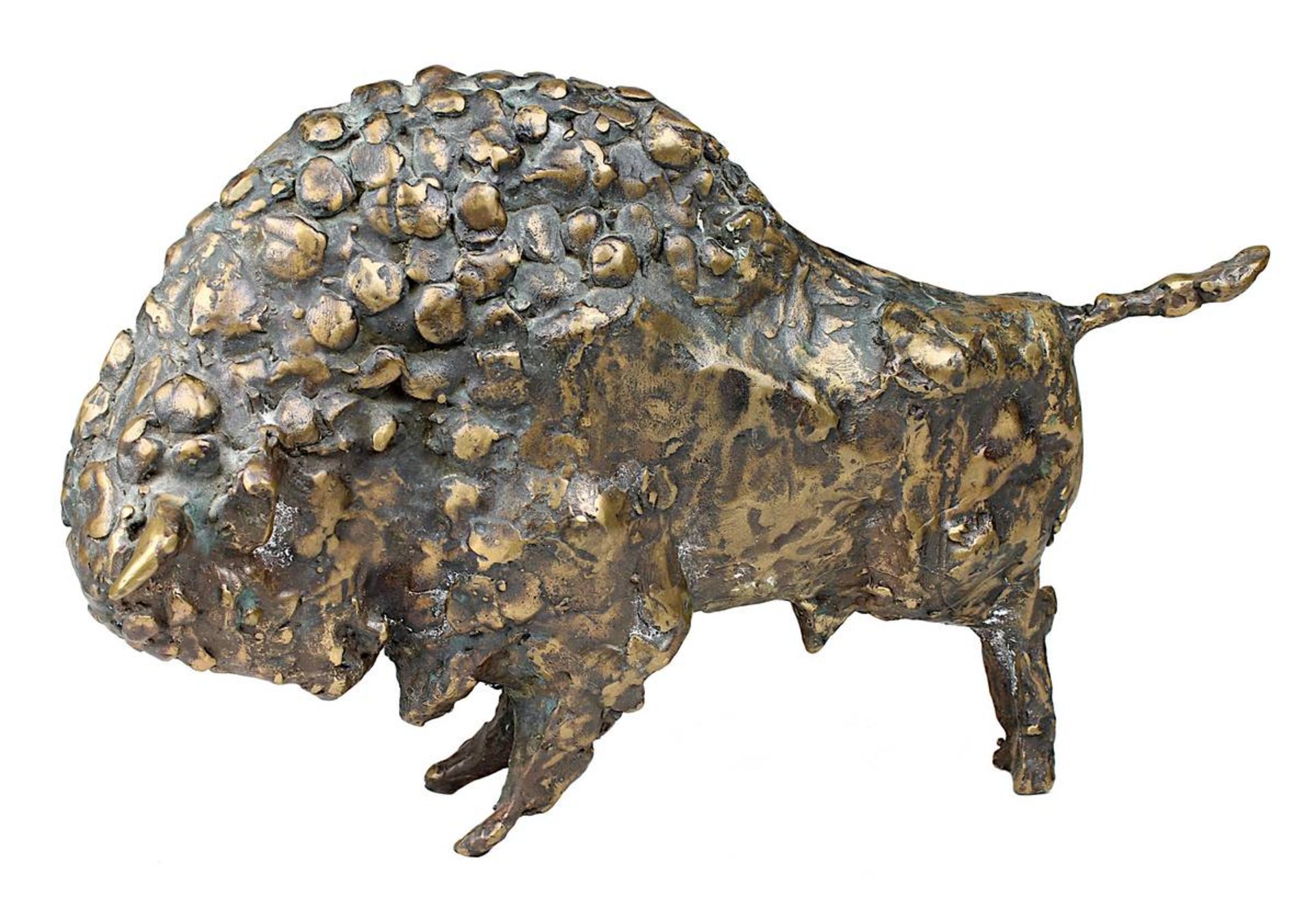 Schröder, Hans (Saarbrücken 1930 - 2010 Saarbrücken), Stier mit gesenktem Kopf, Bronzefigur mit gold