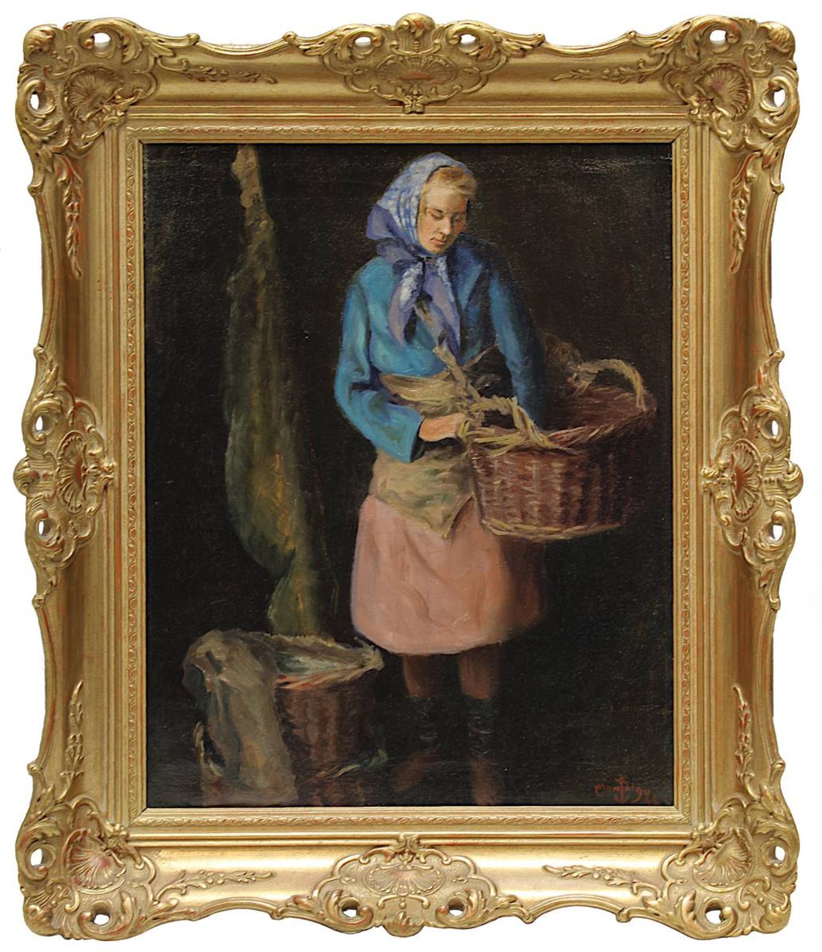 Montaigu, Louis (Frankreich 1905 - 1988), Bäuerin mit Körben, Öl auf Leinwand, rechts unten signiert