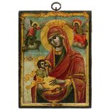 Ikone Maria Lactans, Bulgarien 18./19. Jh.,Tempera auf Holz, Darstellung der stillenden Maria, deren