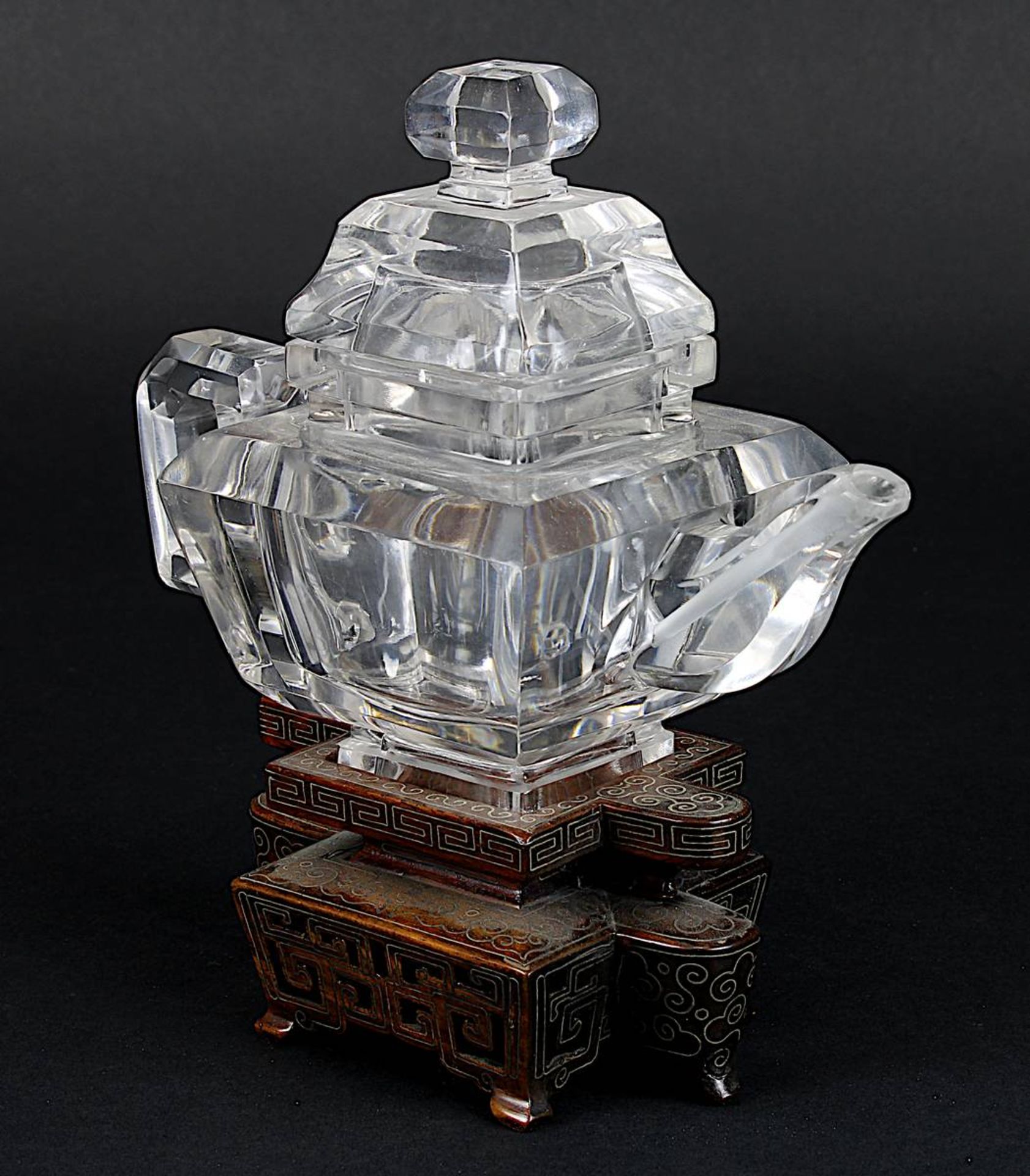 Teekanne aus Bergkristall, China um 1920, viereckige Kanne mit Deckel aus 2 Bergkristallblöcken - Bild 2 aus 5