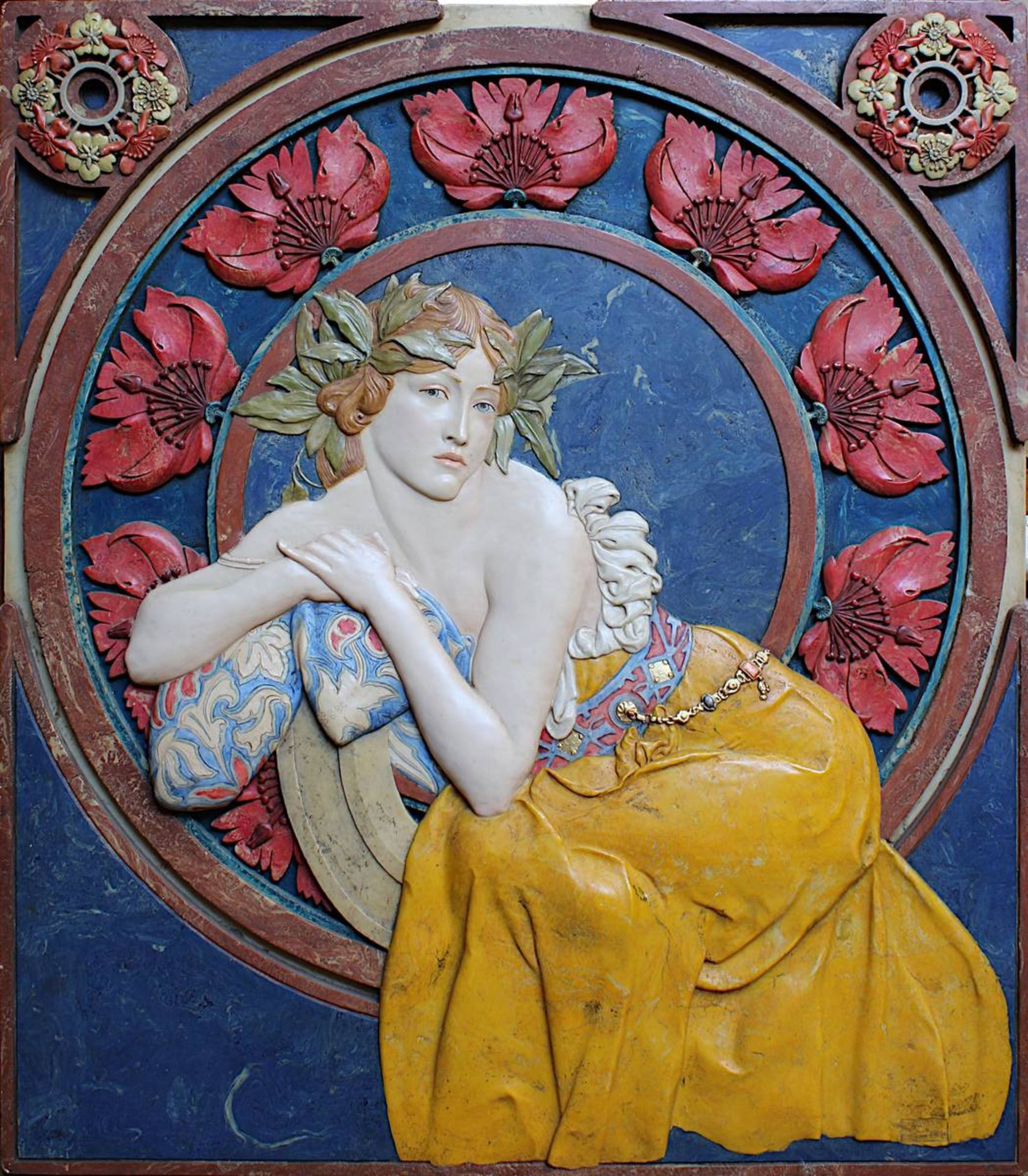 Jugendstil Wandrelief, nach Alfons Mucha, neuzeitlich, Darstellung einer jungen Frau in