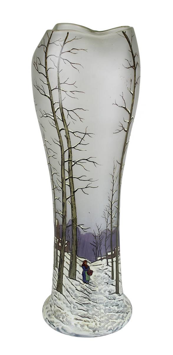Große Jugendstil Legras-Vase, Legras St. Denise et Pantin um 1900, hoher Klarglaskorpus mit in Email