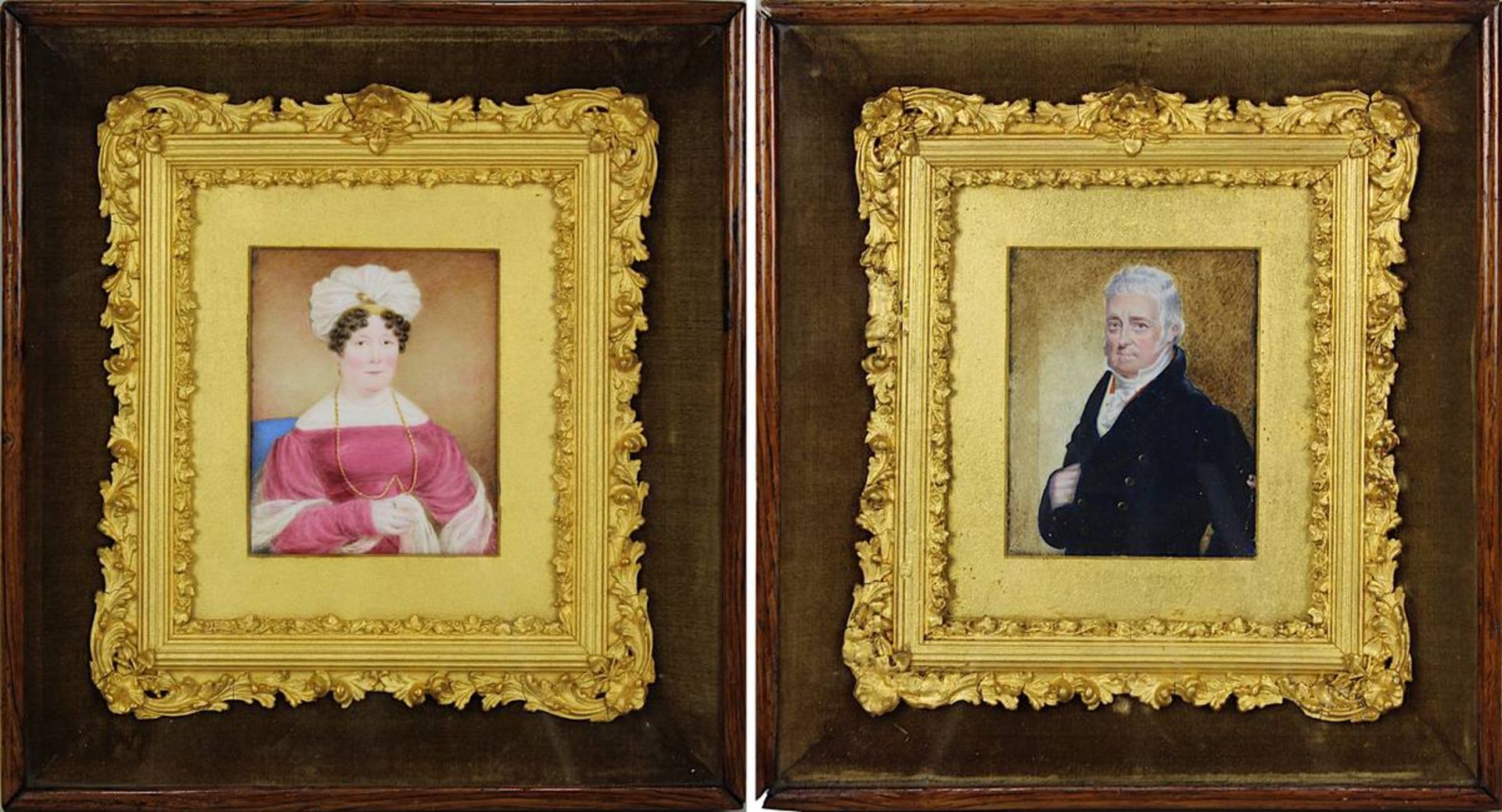 Miniaturbildnisse eines Ehepaares, um 1820, Tempera wohl auf Elfenbein, fein gemalte Portraits eines