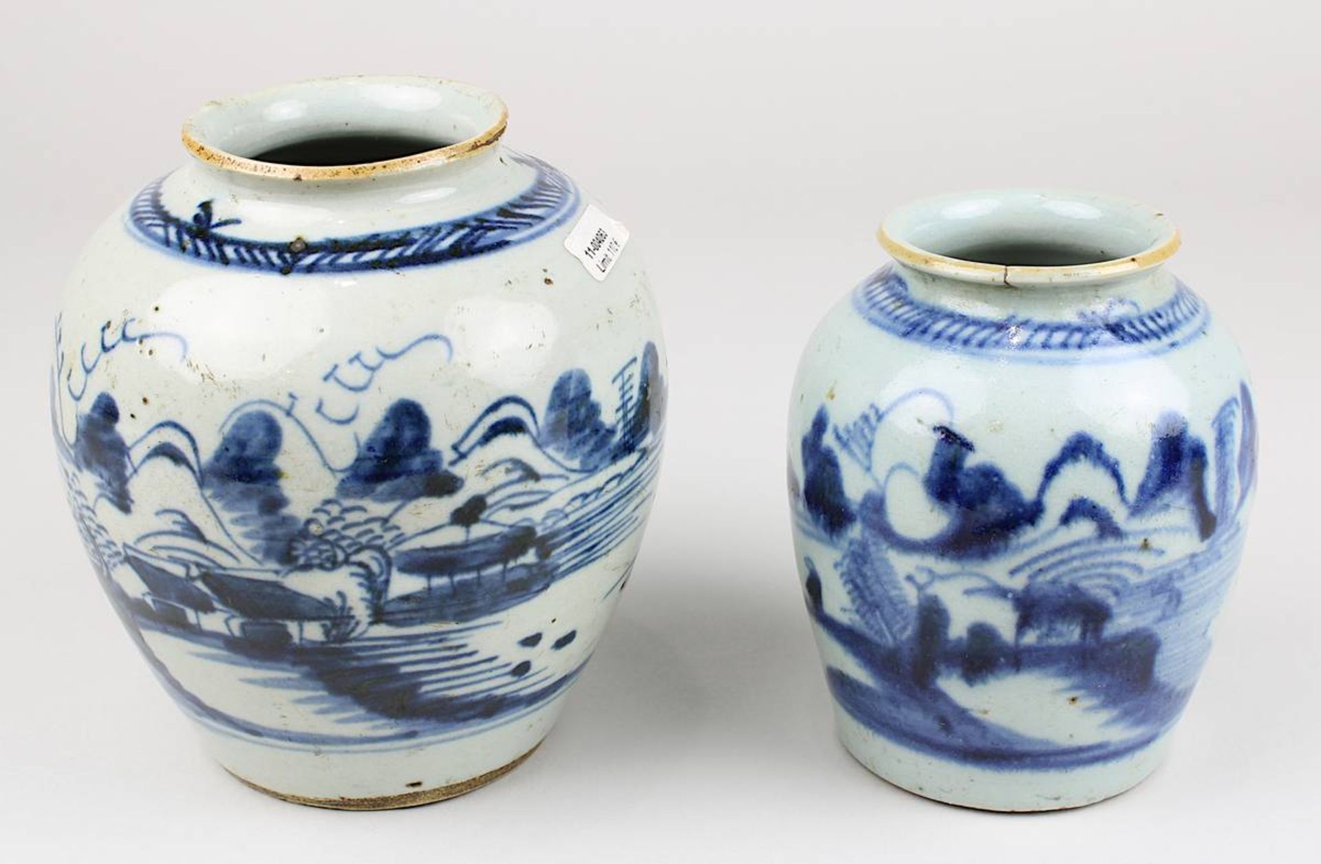 2 Porzellan-Vasen, wohl Vietnam Anf. 19. Jh., jew. weißer Scherben, in Blau unter blaugrauer Glasur