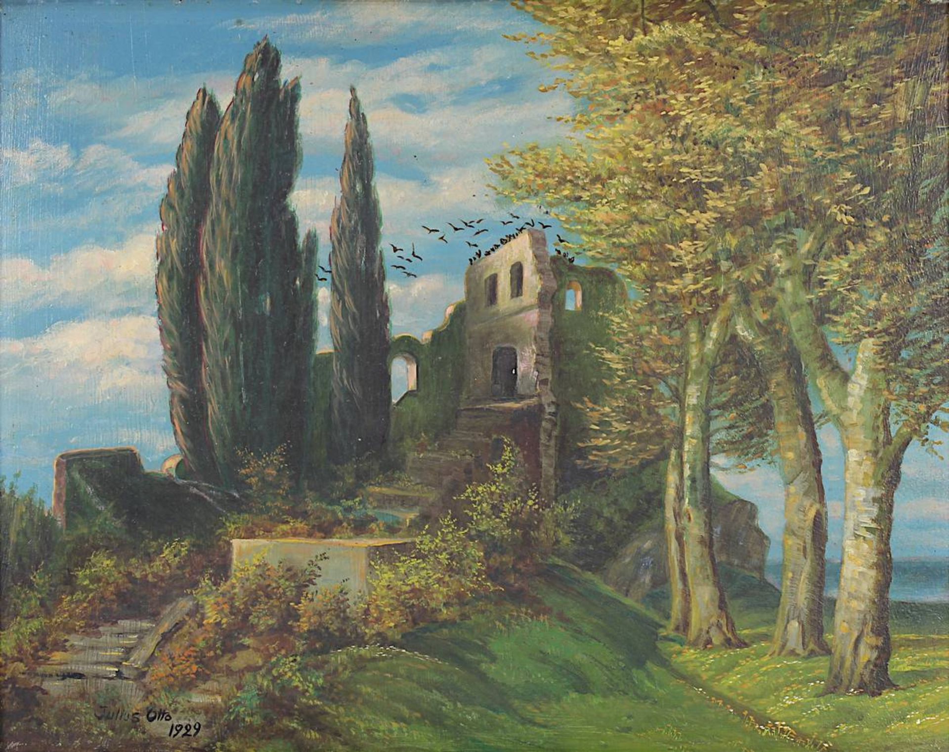 Otto, Julius, deutscher Maler 1. H. 20. Jh., südliche Landschaft mit Ruine und Zypressen, Öl auf - Image 2 of 3