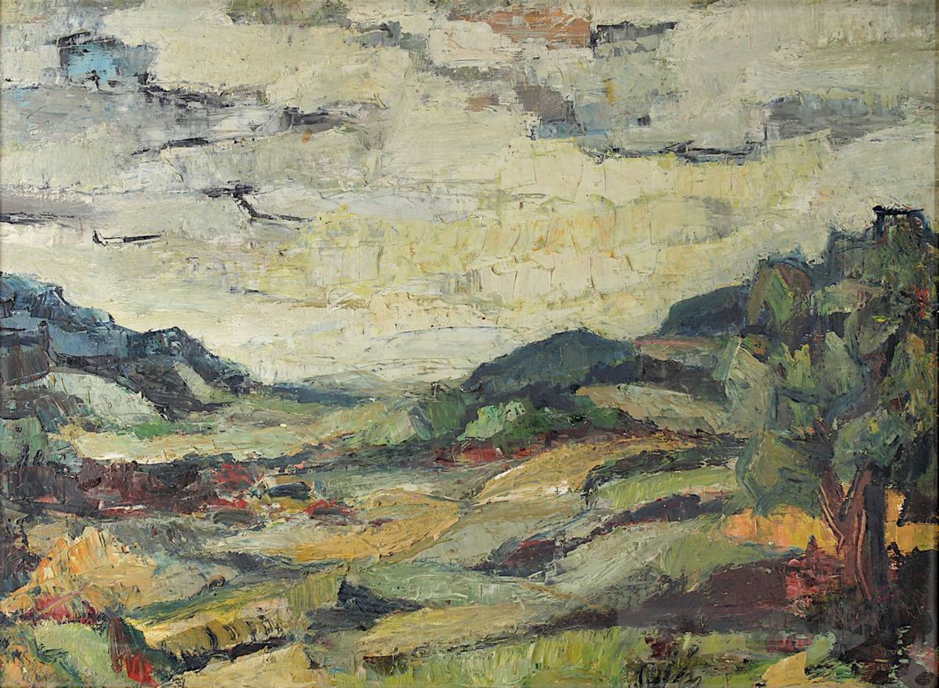 Landschaftsmaler 20. Jh., Hügellandschaft, wohl in der Pfalz, Öl auf Karton, 48 x 66 cm, minimale - Image 2 of 2