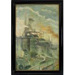 Rühl, E., deutscher Industriemaler um 1920, Hochofen mit Förderturm, Öl auf Leinwand, rechts unten