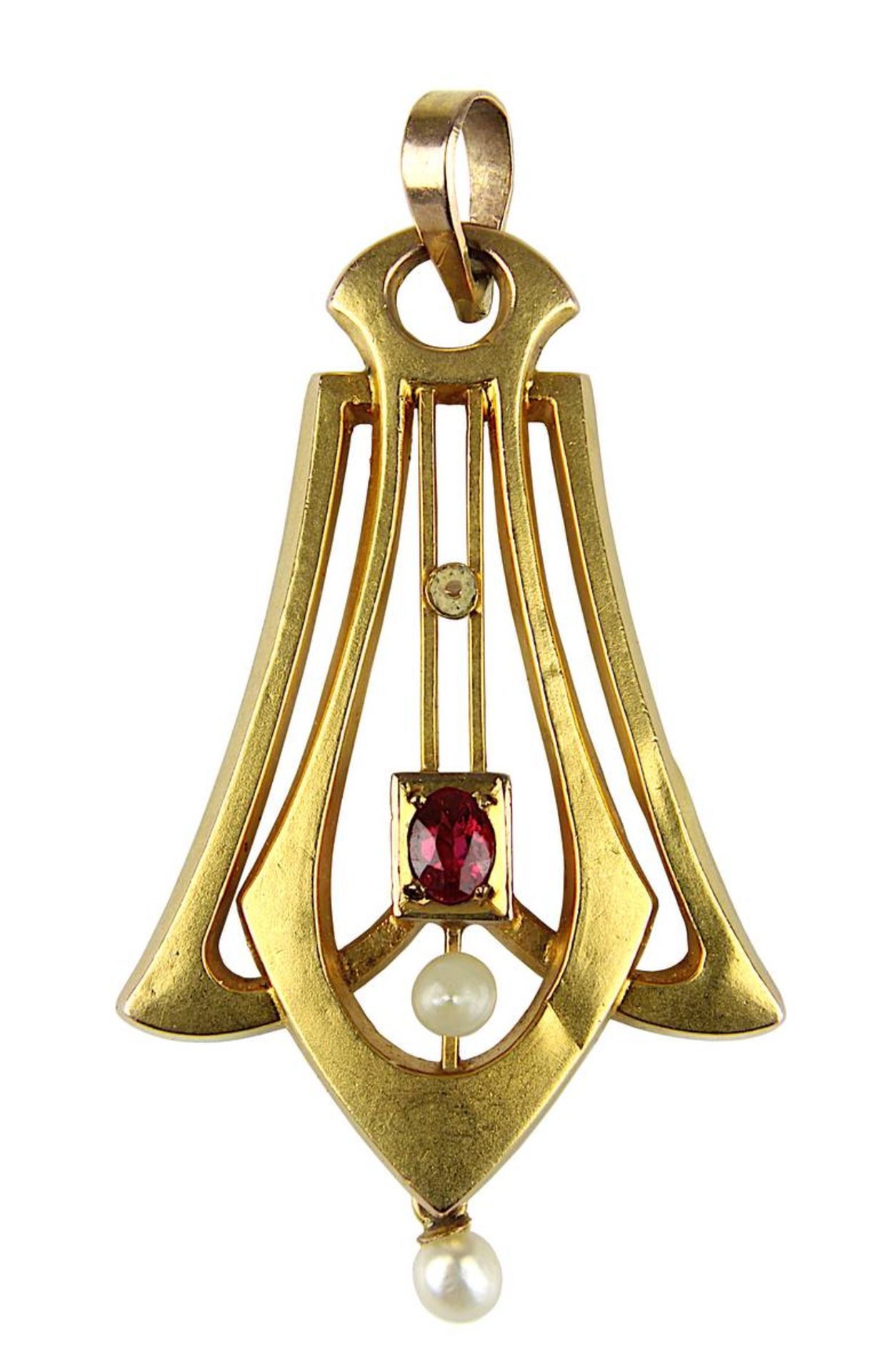 Jugendstil-Anhänger in Gelbgold mit Rubin und Perlen, wohl Pforzheim um 1910, Gelbgold gepunzt 333