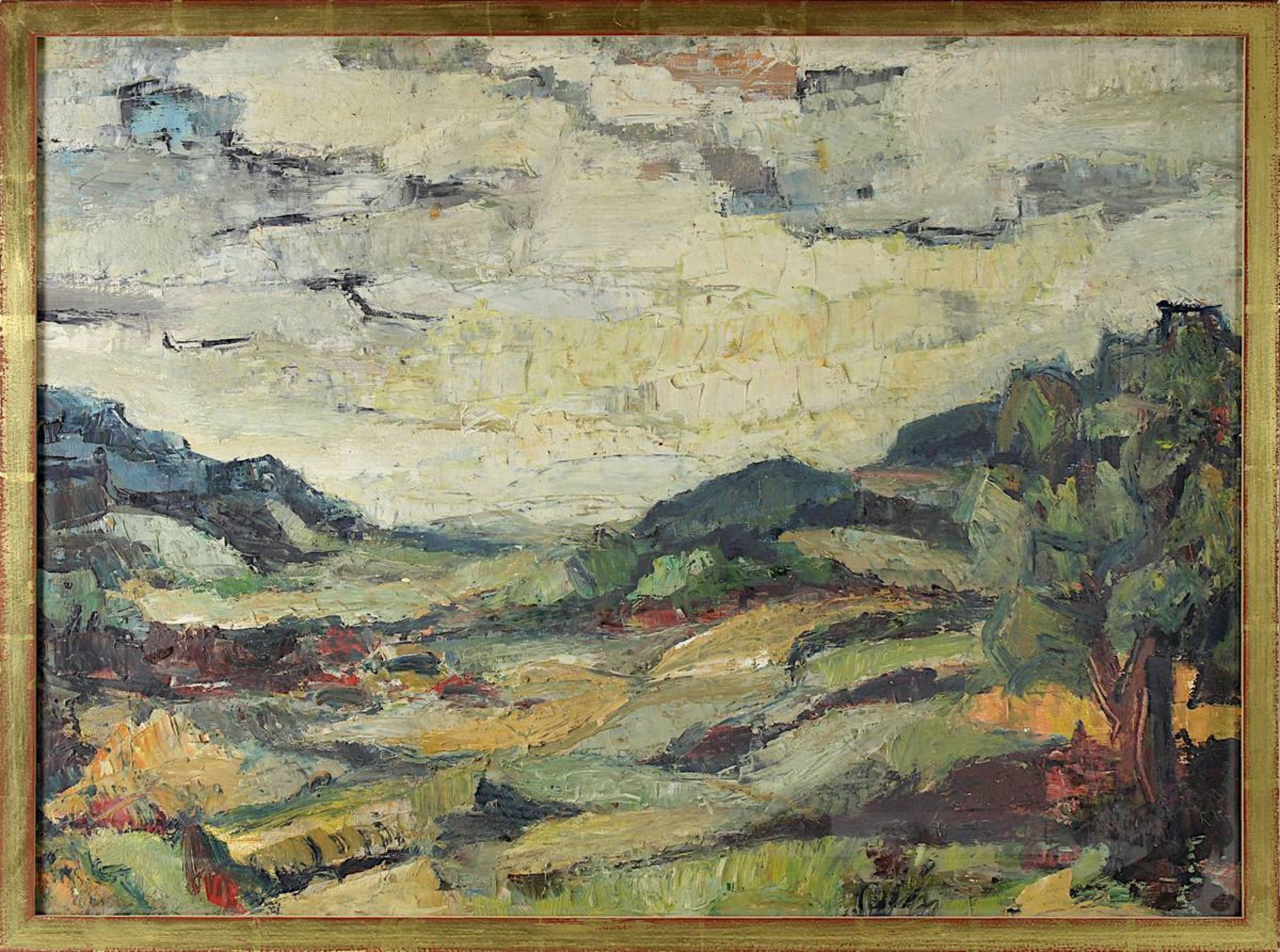 Landschaftsmaler 20. Jh., Hügellandschaft, wohl in der Pfalz, Öl auf Karton, 48 x 66 cm, minimale