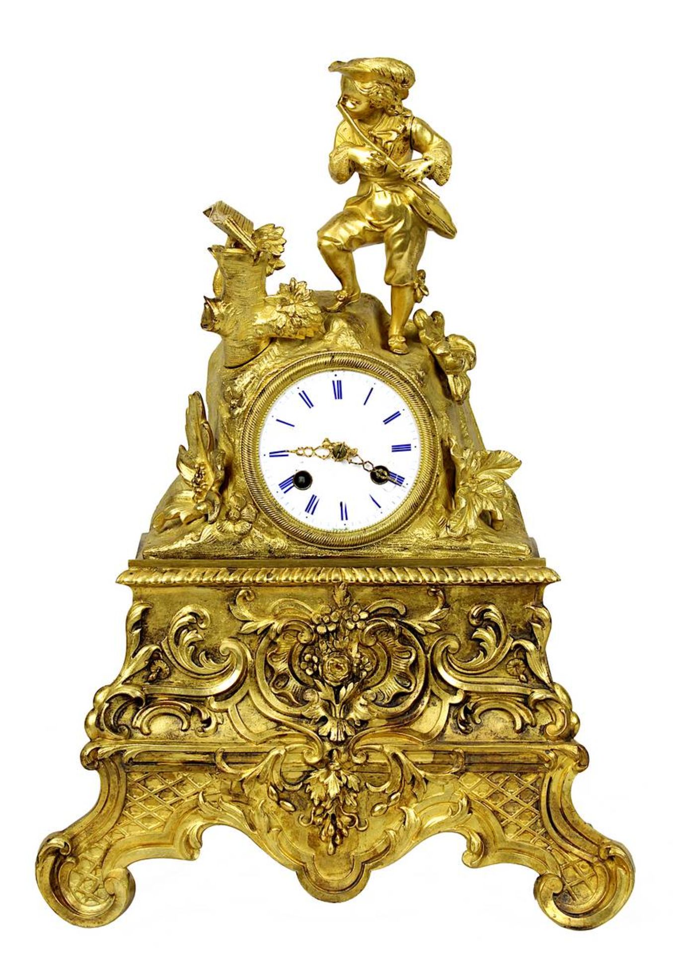 Empire Pendulenuhr mit Flötenspieler-Figur, Frankreich um 1820, vergoldetes Bronzegehäuse, mit