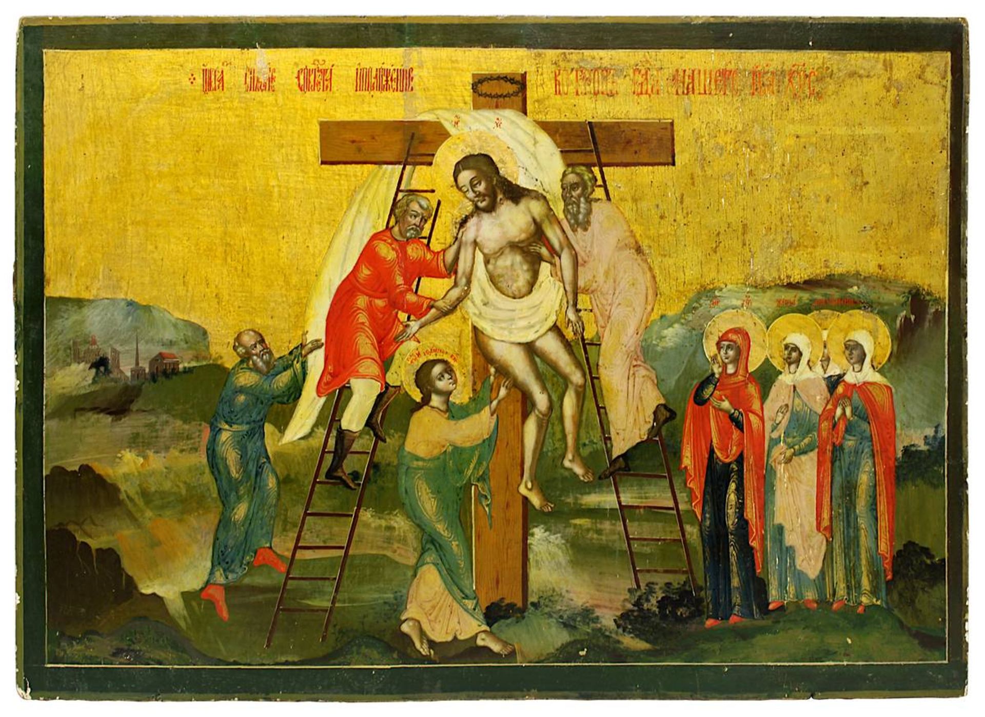 Ikone Abnahme Christi vom Kreuz, Russland Wolgagebiet 1. H. 19. Jh., Tempera auf Holz, dekorative