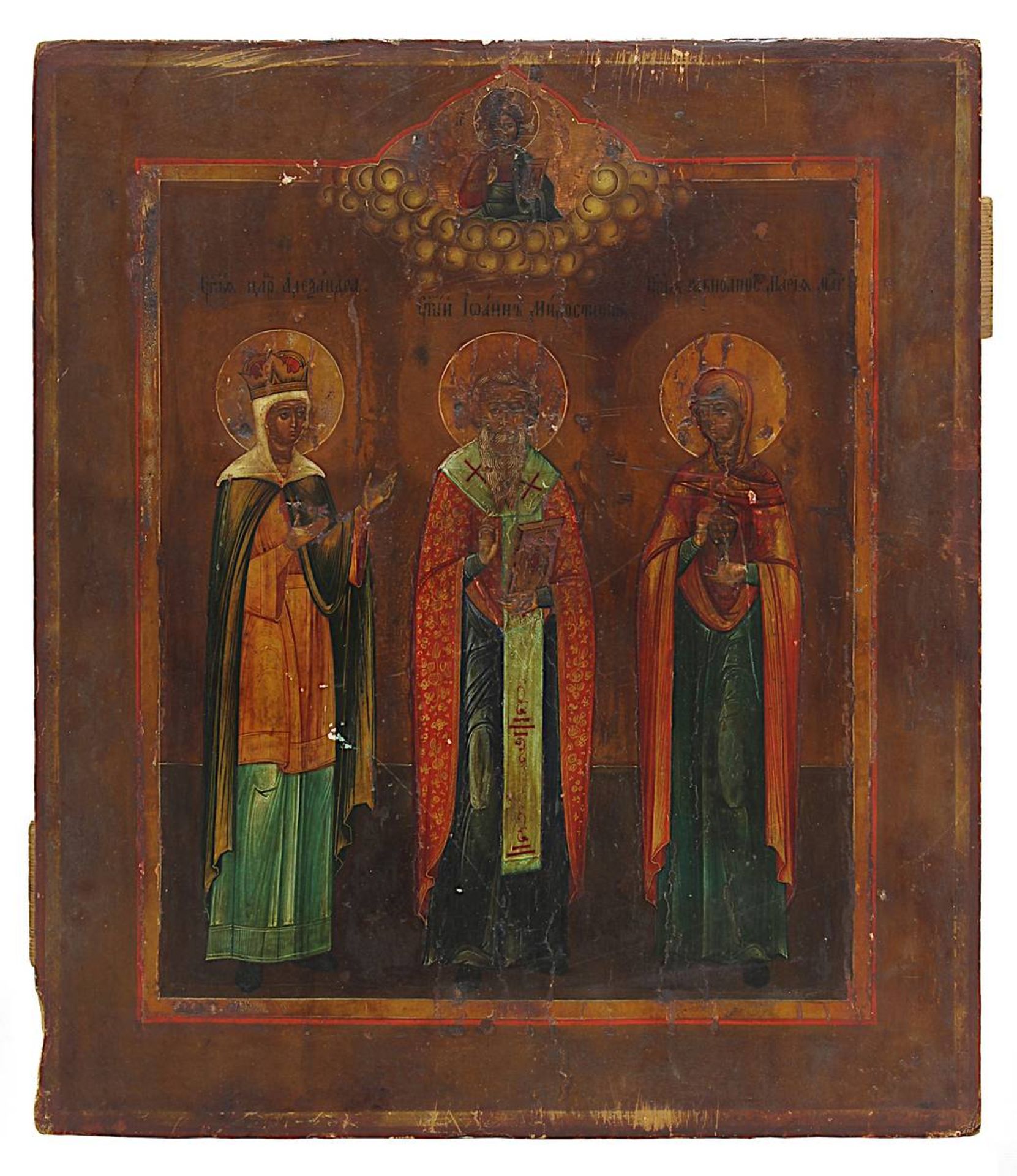 Ikone mit drei Orthodoxen Heiligen, Russland, Ende 19.Jh., mittig Heiliger Bischof Johannes im Ornat