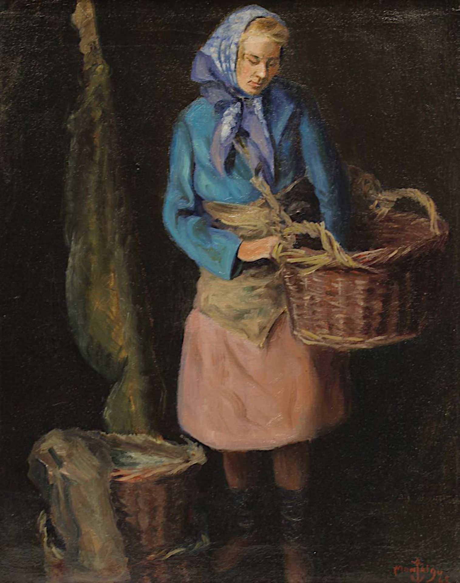 Montaigu, Louis (Frankreich 1905 - 1988), Bäuerin mit Körben, Öl auf Leinwand, rechts unten signiert - Bild 2 aus 3