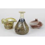 3 Glasobjekte, Bayerischer Wald, Klarglas mit verschiedenfarbigen Aufschmelzungen : 2 Vasen (1 H 8