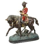 Reiter mit Jagdhorn, Metall, bronzefarben partiniert u. farbig staffiert, 2. H. 20. Jh., große Figur