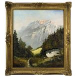 Pippel, Otto (Lodz 1878 - 1960 München), Berghütte in den Alpen mit Blick auf ein Gebirgsmassiv,