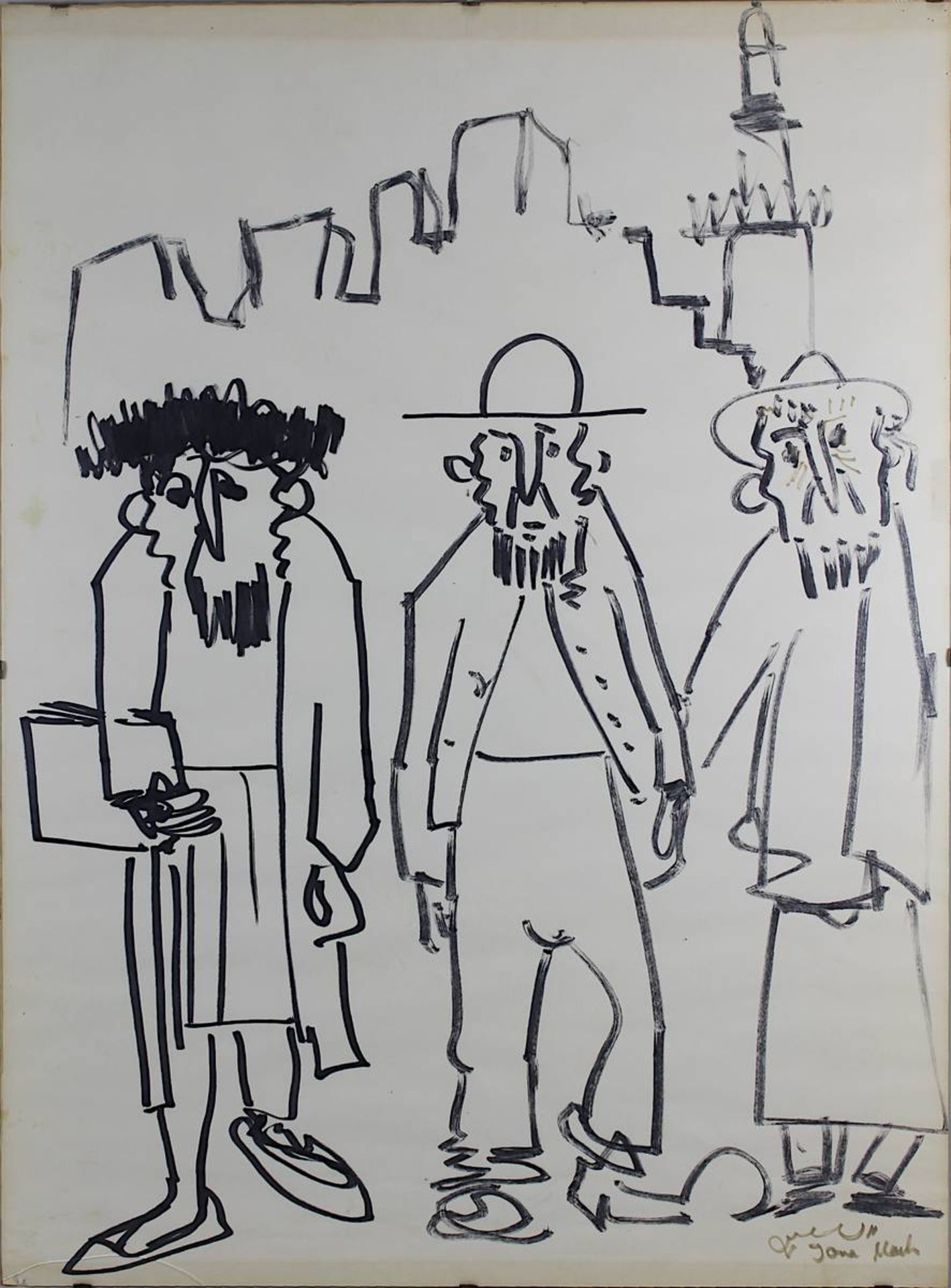 Mach, Yona (1915 - 1999), Drei chassidisch-jüdische Männer, Filzstiftzeichnung, rechts unten
