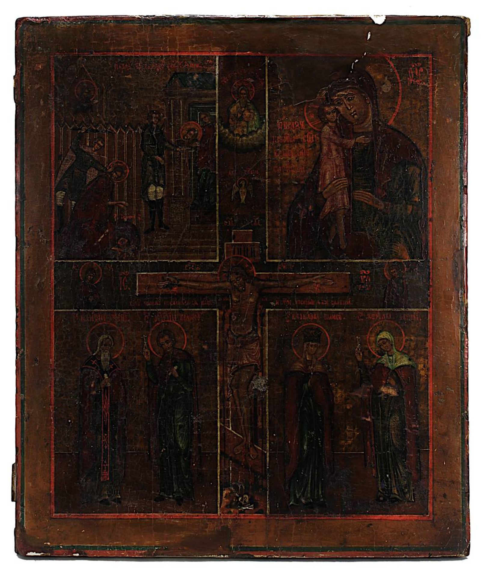 Vierfelder-Ikone, Russland 19.Jh., mittig Christus am Kreuz als Unterteilung der vier Felder,