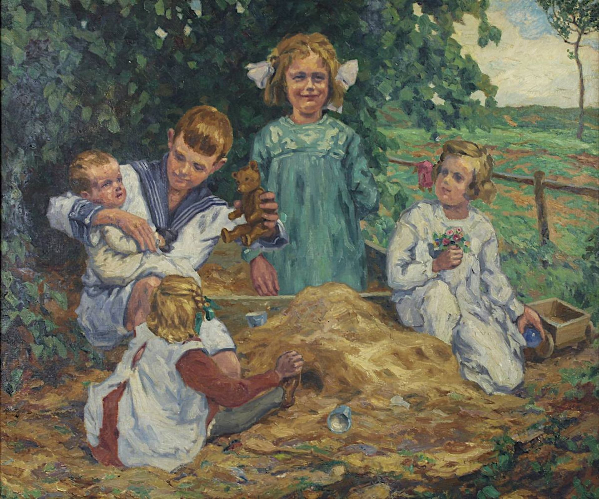 Deutscher Impressionist um 1900, Spielende Kinder im Sandkasten, Öl auf Leinwand, qualitätvolles - Image 2 of 3