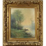 Rozzi, wohl italienischer Landschaftsmaler um 1880, Auenlandschaft mit Fischer, Öl auf Leinwand, re.