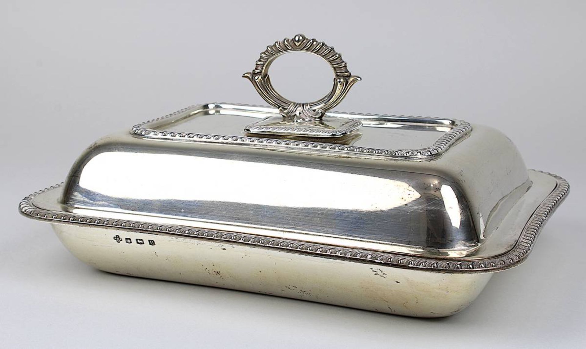 Entrée Dish aus Silber, Sheffield 1930, Warmhalteschale mit Deckel, rechteckige Form, mit