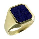 Herren-Wappenring mit Lapislazuli, deutsch um 1950, Gelbgold-Ringschiene gepunzt 585, Ringkopf mit