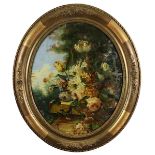 Hinter-Glas-Maler, Blumenstillleben mit Blaumeise und Hummel, 19. Jh., auf der rechten Seite durch