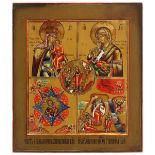 Vierfelder-Ikone, Russland Nowgorod-Gebiet 2. H. 19. Jh., mittig Darstellung der Auferstehung