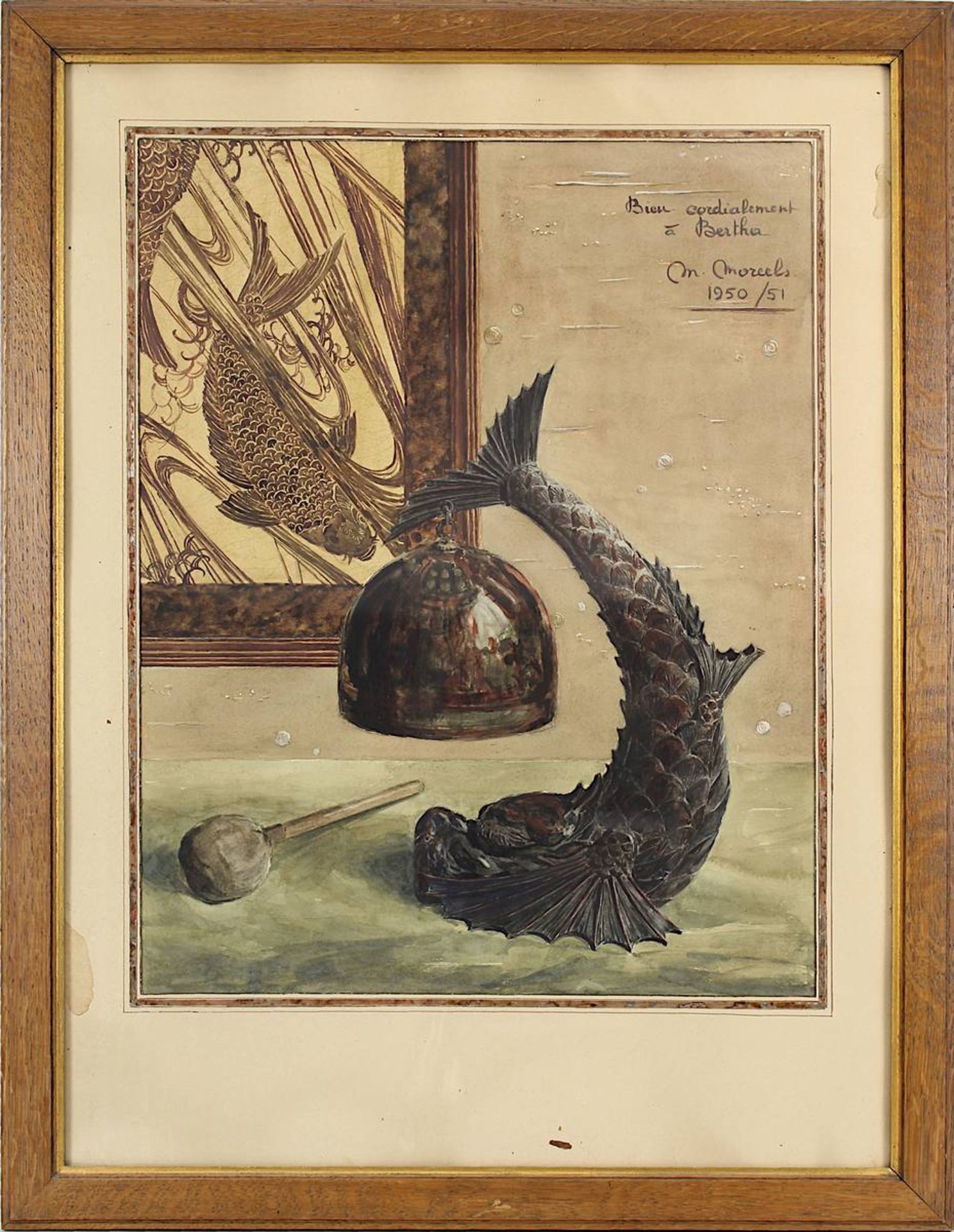 Moreels, M. (frz. Aquarellist), Asiatisches Stilleben mit Tischglocke mit Fuß in Form eines Delfins,