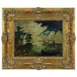 Uferszene mit Segelbooten bei Mondschein, Öl auf Holz, re. u. signiert Schöning, 17,5 x 24 cm, in