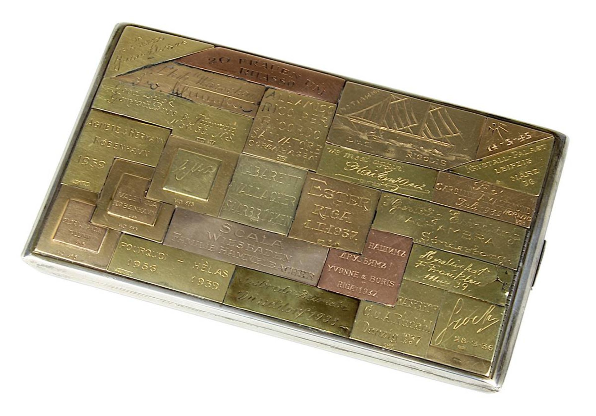 Silbernes Art-Déco Zigarettenetui mit gravierten Souvenirplatten in Gold, Johannes Siggaard 1937,
