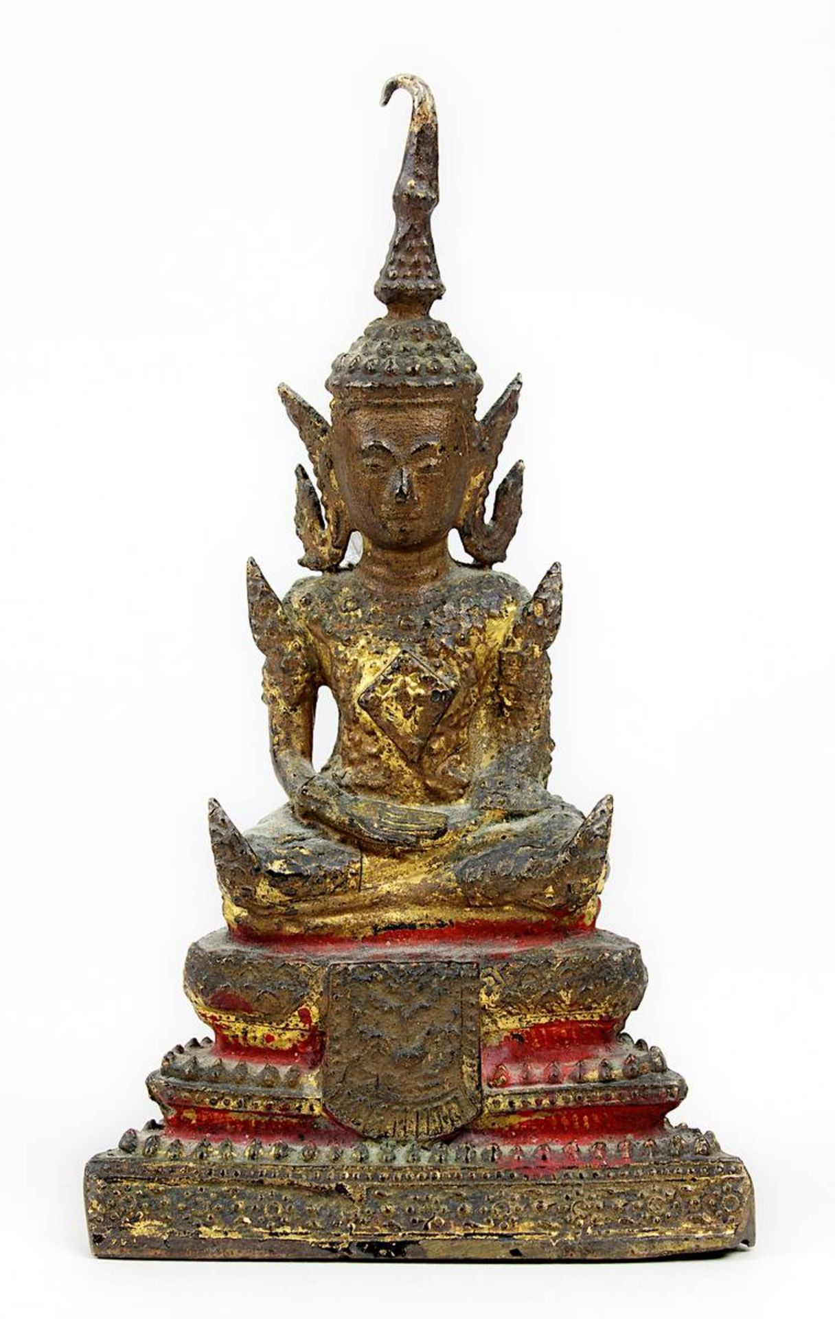 Siamesischer Bronze-Buddha, 19. Jh., Bronzekorpus, Guss in verlorener Form, meditierender Mönch im