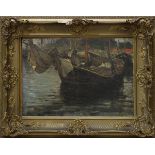 Bauck, Jeanna (Stockholm 1840 - 1926 München), Uferpartie mit angelegtem Segelboot, Öl auf Leinwand,