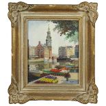 Deutscher Impressionist (ungedeutet) Sommerlicher Blumenmarkt am Fluss, um 1920, Öl auf Leinwand,