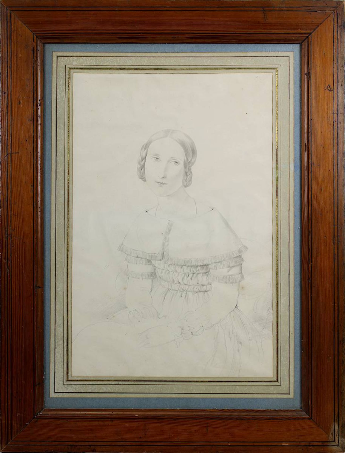 Biedermeier-Zeichner um 1830-40, Portrait einer jungen Frau, Bleistiftzeichnung, Papier etwas