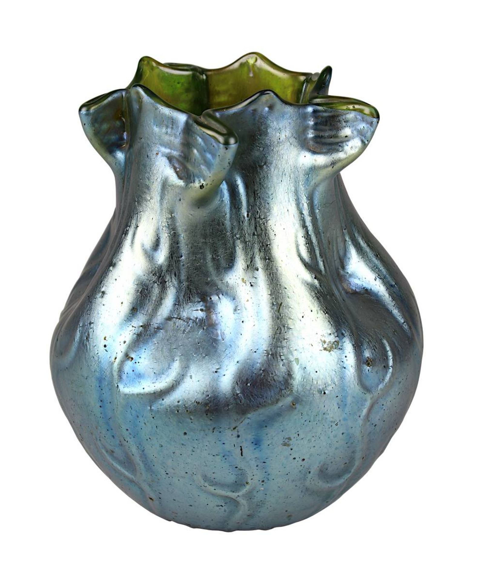 Seltene Jugendstil Lötz-Vase, Neptun, Klostermühle Böhmen 1903, Dekor Neptun, Grund creta, Iris,