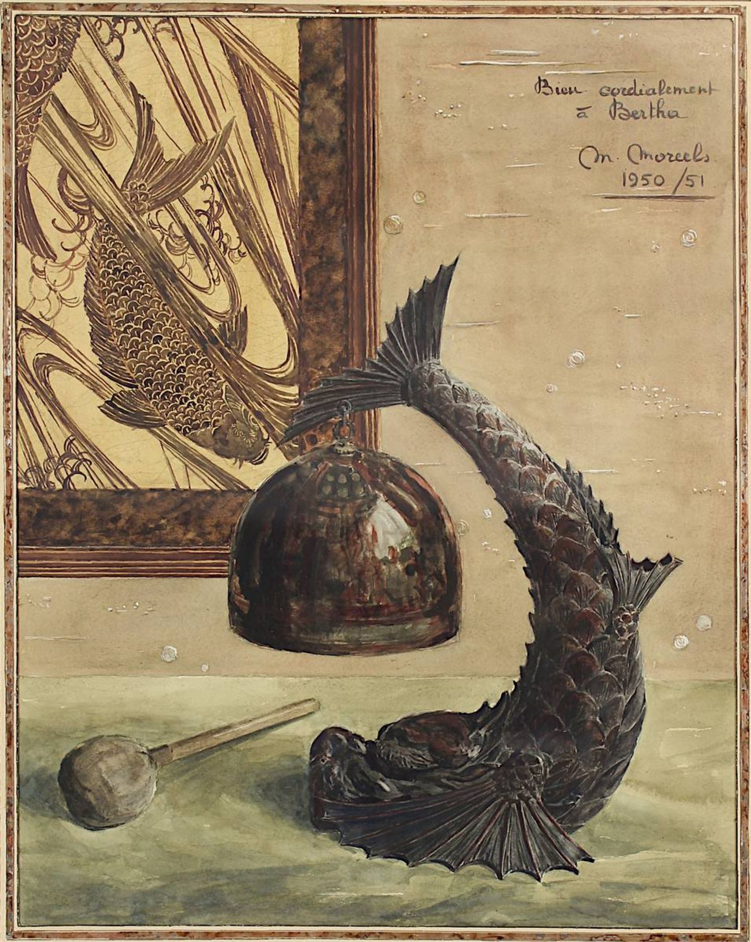 Moreels, M. (frz. Aquarellist), Asiatisches Stilleben mit Tischglocke mit Fuß in Form eines Delfins, - Bild 2 aus 2