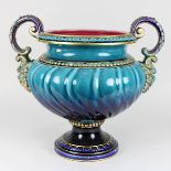 Saargemünd Cachepot, Utzschneider & Cie um 1900, Keramik heller Scherben, türkis- bis kobaltblaue