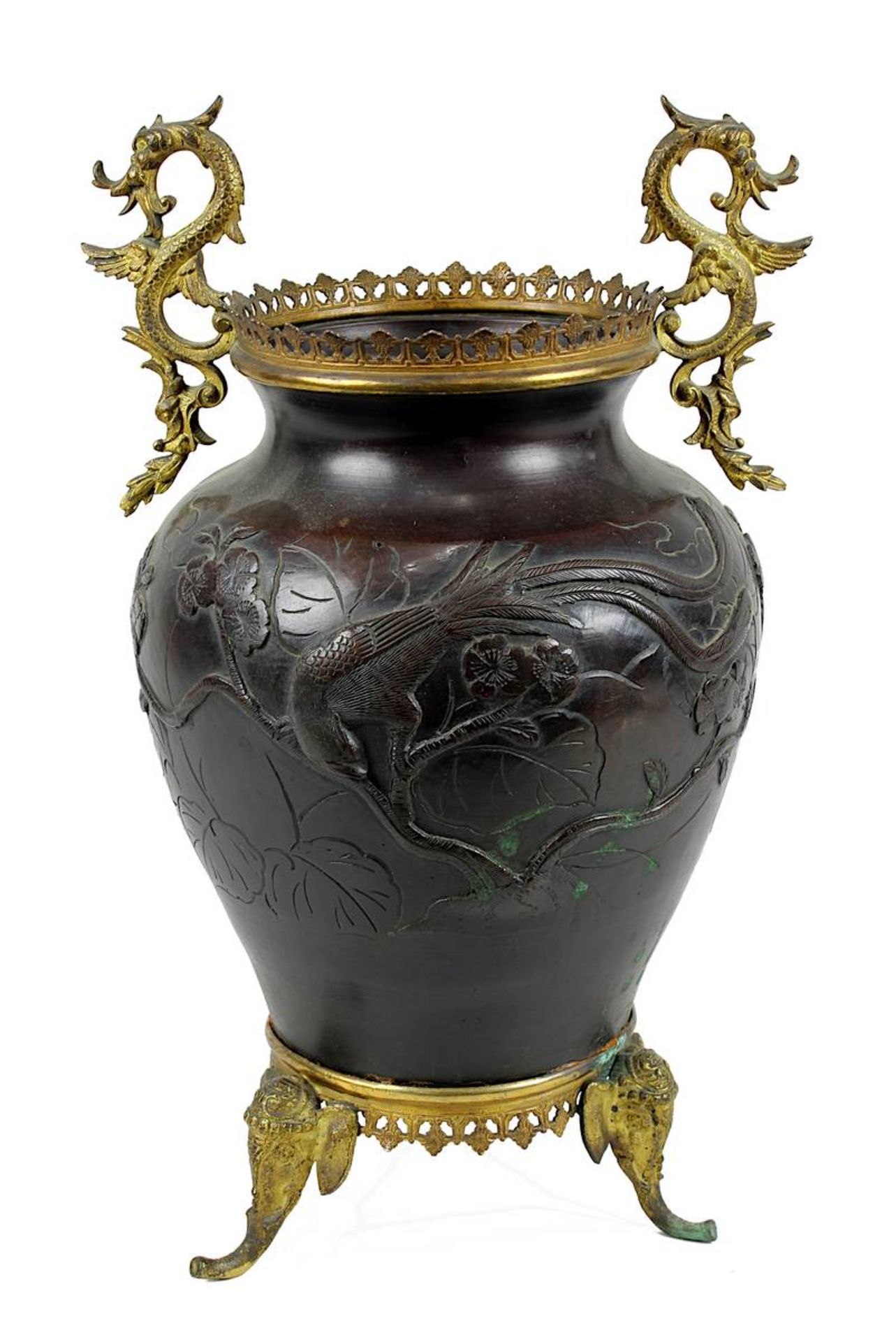 Bronze-Vase mit Phoenix-Motiven, Japan, Meiji-Zeit um 1890, gebauchter Korpus mit 2 im Relief