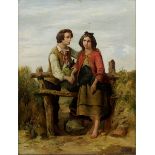 Maler 19. Jh., junges Bauernpaar am Gatter, Öl auf Leinwand, doubliert, re. unt. unleserlich