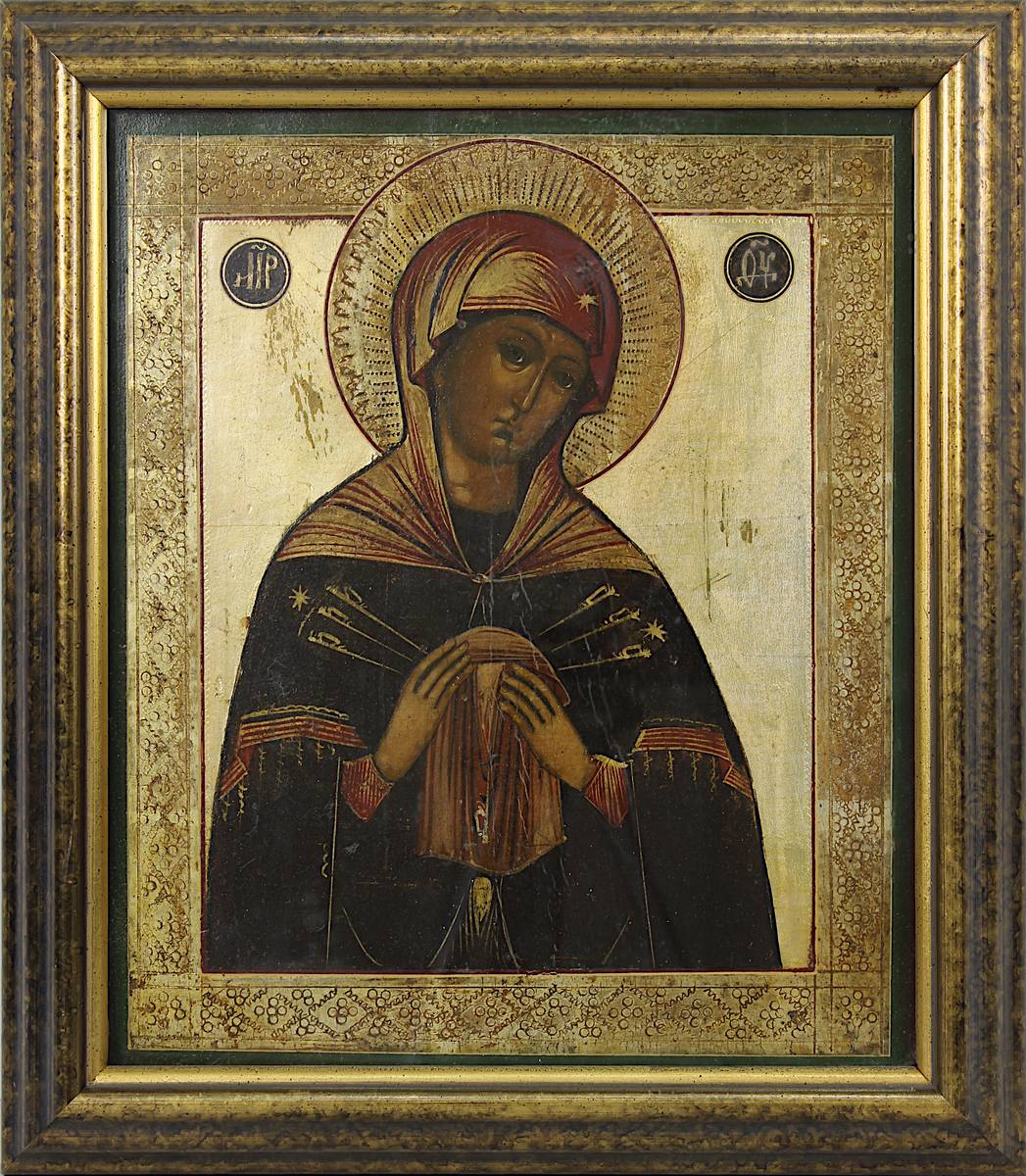 Ikone Gottesmutter mit den Sieben Schmerzen, Russland Mitte 19. Jh., Tempera auf Holz, Goldgrund mit