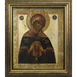 Ikone Gottesmutter mit den Sieben Schmerzen, Russland Mitte 19. Jh., Tempera auf Holz, Goldgrund mit