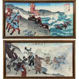Paar Farbholzschnitte zum Russisch - Japanischen Krieg, Japan um 1905/1906, jeweils 3 teilig, mit