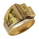 Art-Déco Rotgoldring, wohl Peru um 1920, handgearbeitete breite Ringschiene 18 kt Rotgold, nicht