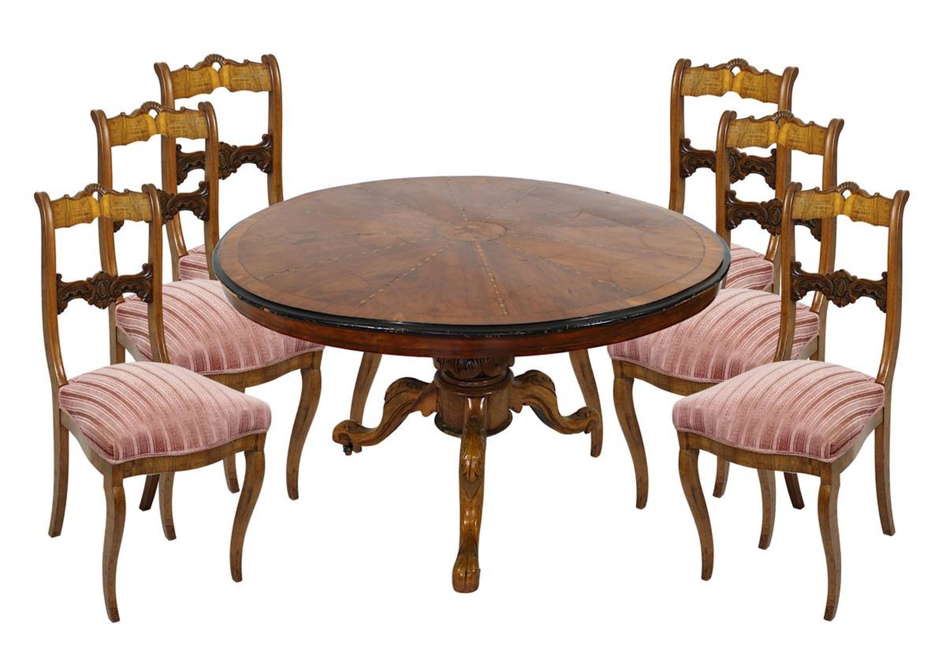 Runder Tisch mit 6 Stühlen, wohl Österreich um 1840, Nussholz massv u. furniert, Tisch auf