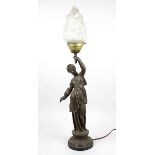 Régule-Lampe in Form einer Fackelträgerin, Frankreich um 1890, Lampenschirm aus matt geätztem